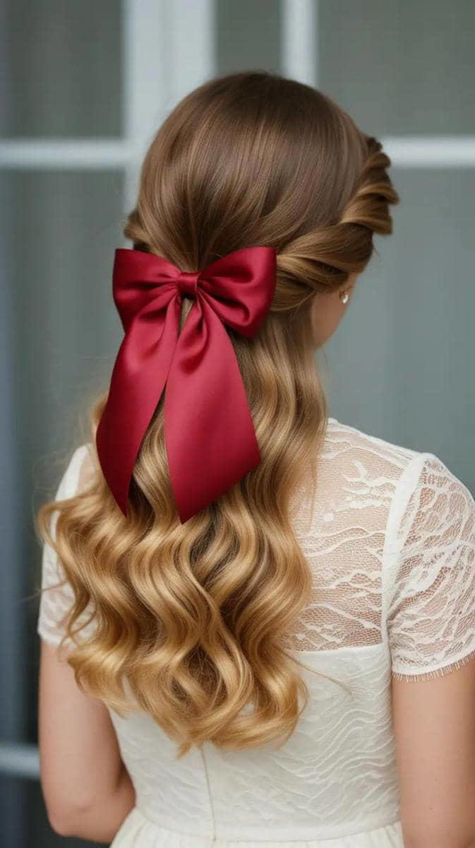 5 variasi tatanan rambut half up dengan pita yang manis dan feminin