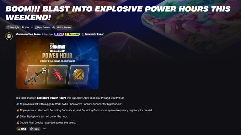 Fortnite explosive power hour (April 18, 2026): Start timings for all ...