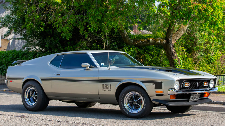 Front 3/4 view of silver 1971 Ford Mustang Mach 1 driving in front of park.