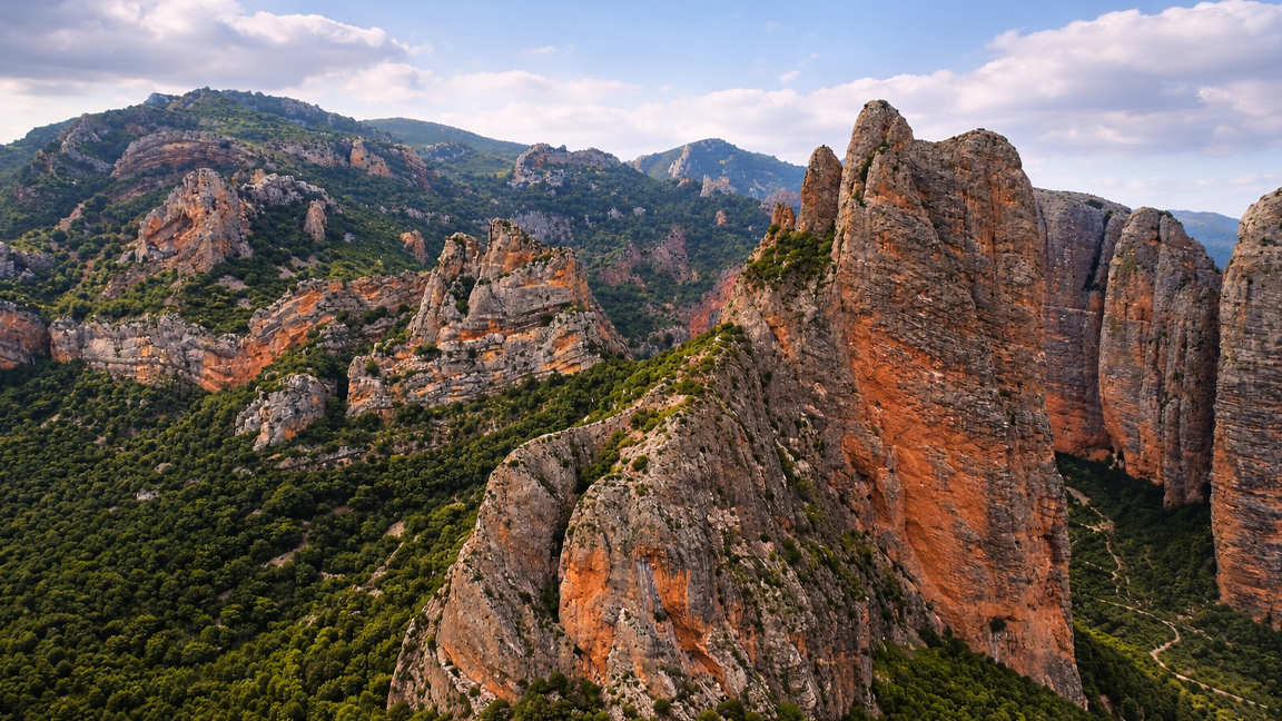 Untouched wilderness with dramatic stone ridges and hills