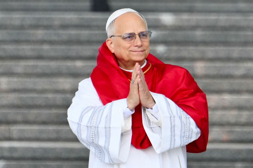 Pope Leo XIV gestures during a visit at the Maqam Echahid Martyrs' Monument in El Madania, near Algiers on April 13, 2026. Pope Leo XIV embarks today on an 11-day visit to Algeria, Cameroon, Angola and Equatorial Guinea for his first major international trip since becoming pontiff last year