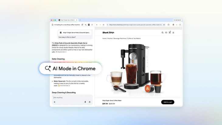 Google tích hợp AI vào Chrome, tìm kiếm không cần mở trang