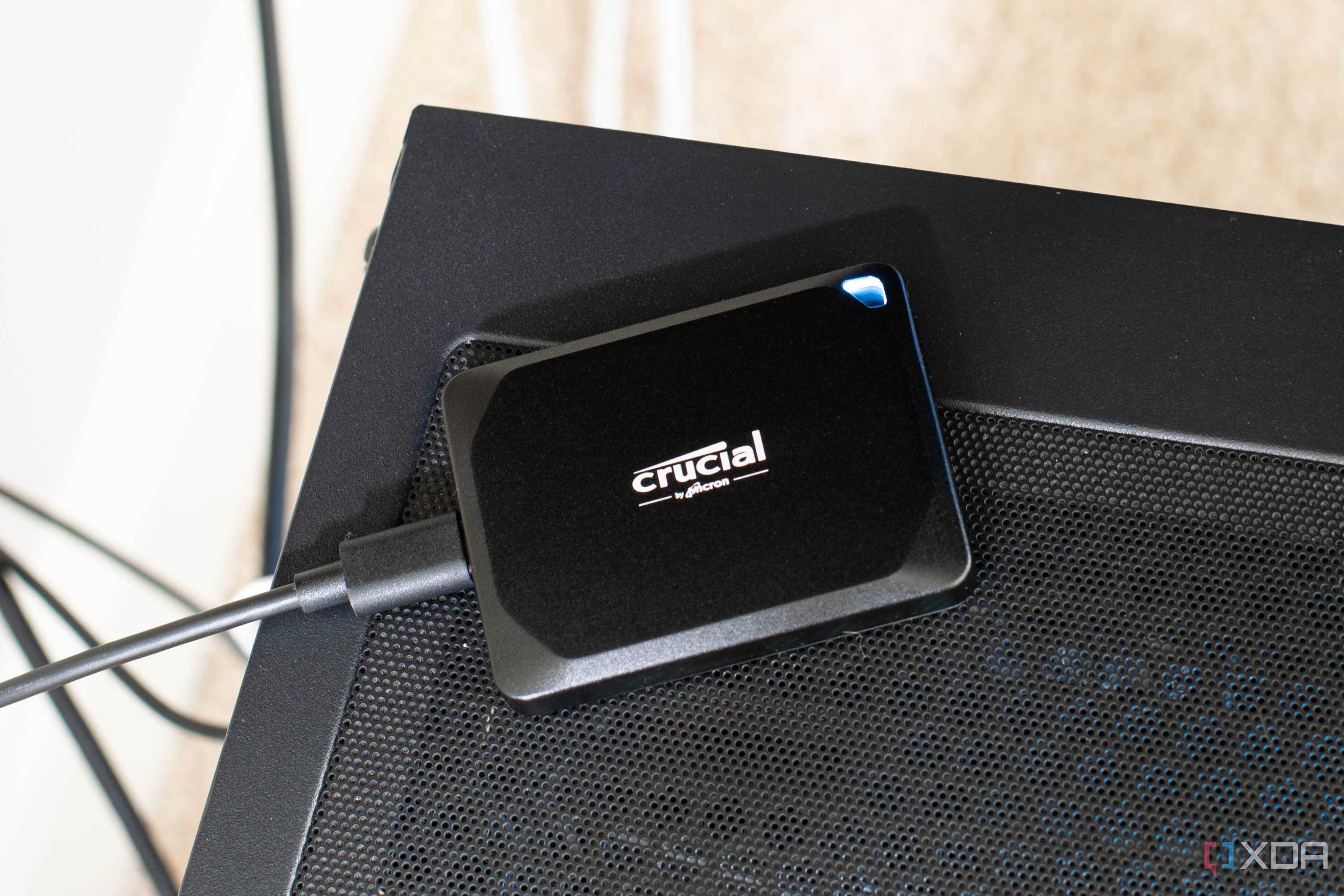 An image of the Crucial X10 Pro on a PC tower.