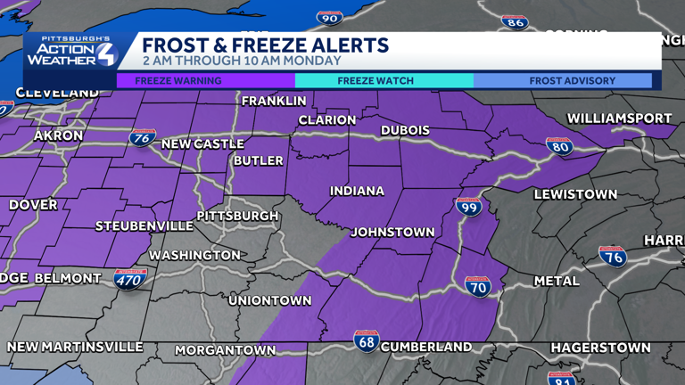 Freeze warning in place for parts of western Pa. for Monday morning
