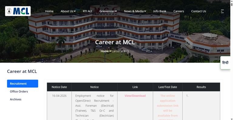 MCL foreman, technician recruitment 2026: Notification released for 500 ...