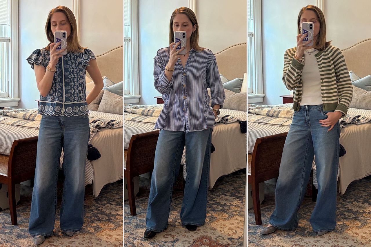 A person modeling three outfits incorporating wideleg jeans