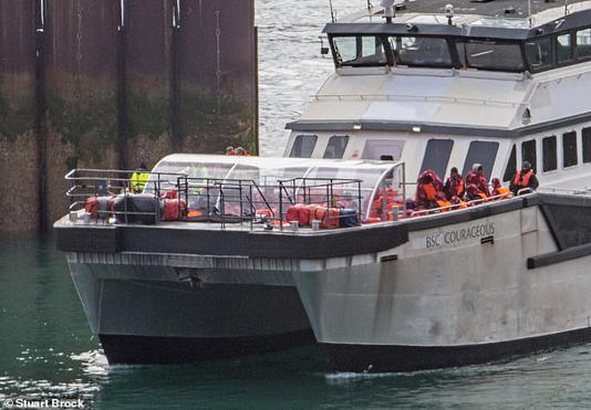 The Border Force catamaran Courageous brings migrants into the Port of Dover on Saturday, which saw a total of 602 arrivals