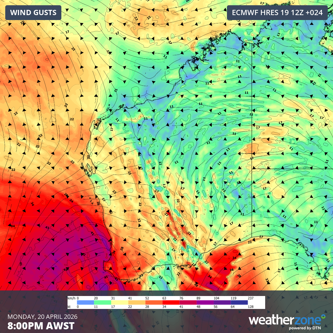 Storms and gale force winds as cold front roars towards WA