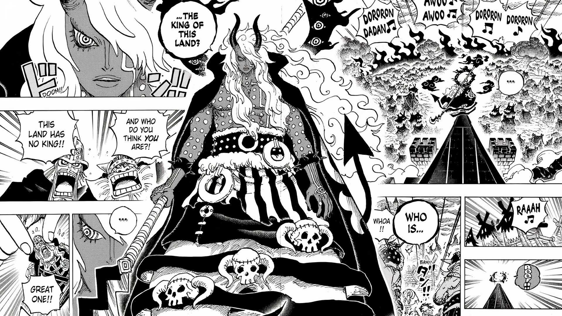 One Piece Chapter 1180 full page spread of Imu asking for the king of Elbaph