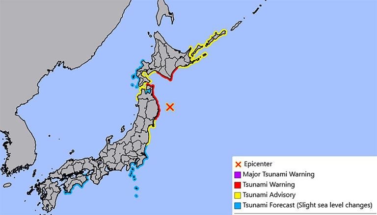 The tsunami warning was issued after a quake struck off the coast of Iwate Prefecture (Picture: jma.go.jp)