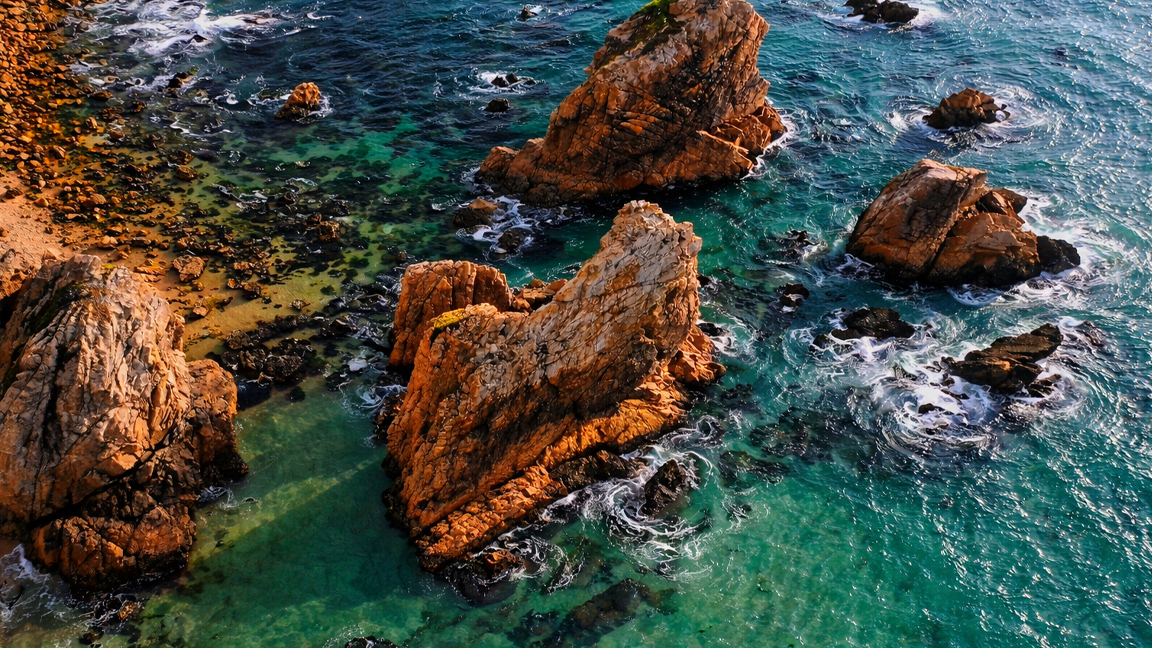 Coastal cliffs and rock formations surrounded by blue sea