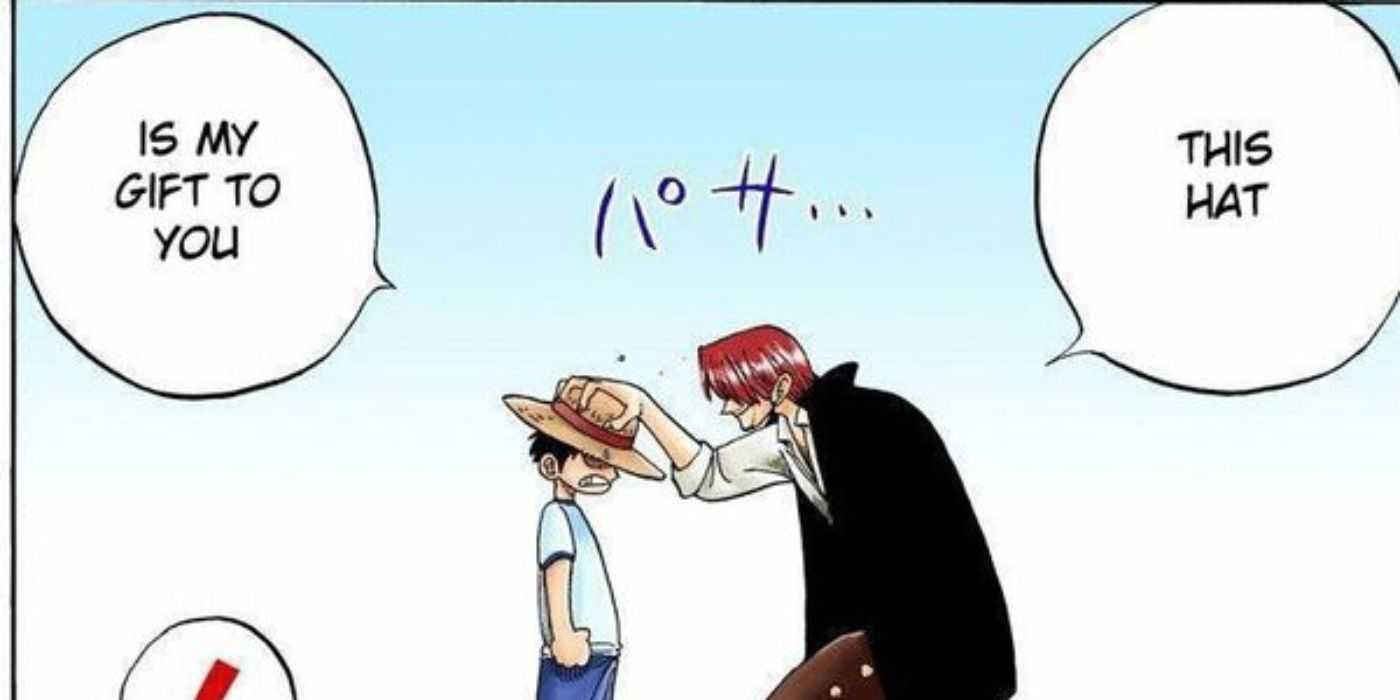 Shanks giving Luffy the Straw Hat in the digitally colored one piece manga