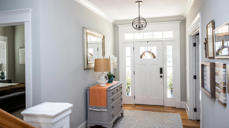 Create a floating entryway storage piece to add a pop of color to your home