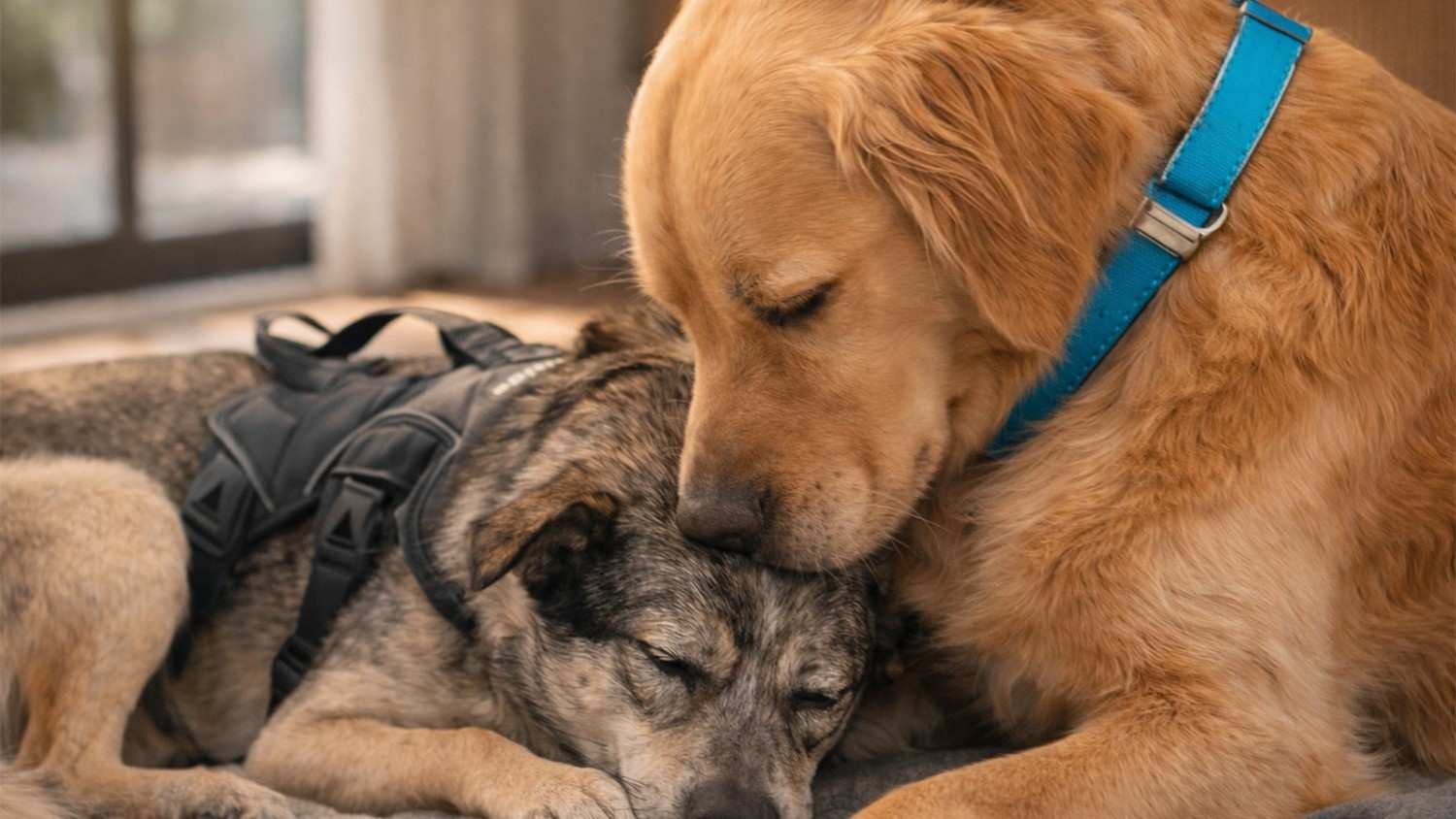 Golden retriever meets a completely broken rescue for the first time