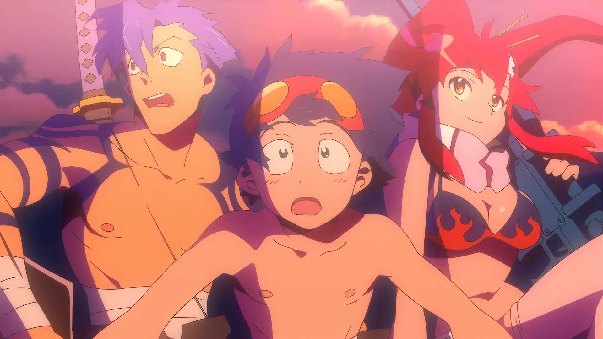 Kamina, Simon, and Yoko from Gurren Lagann looking surprised