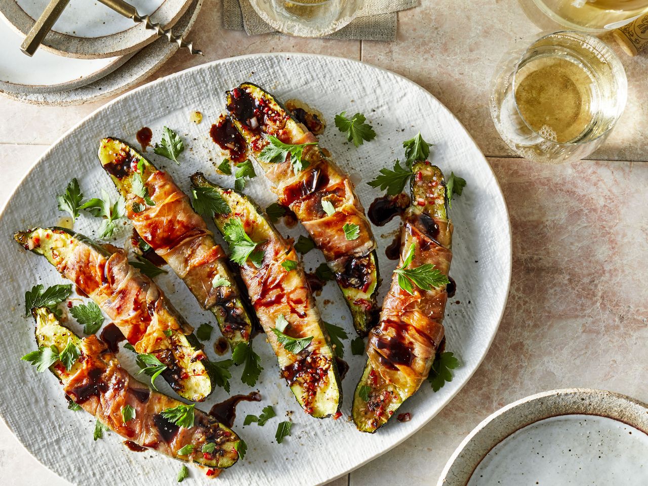 Prosciutto Wrapped Baked Zucchini with Balsamic Drizzle