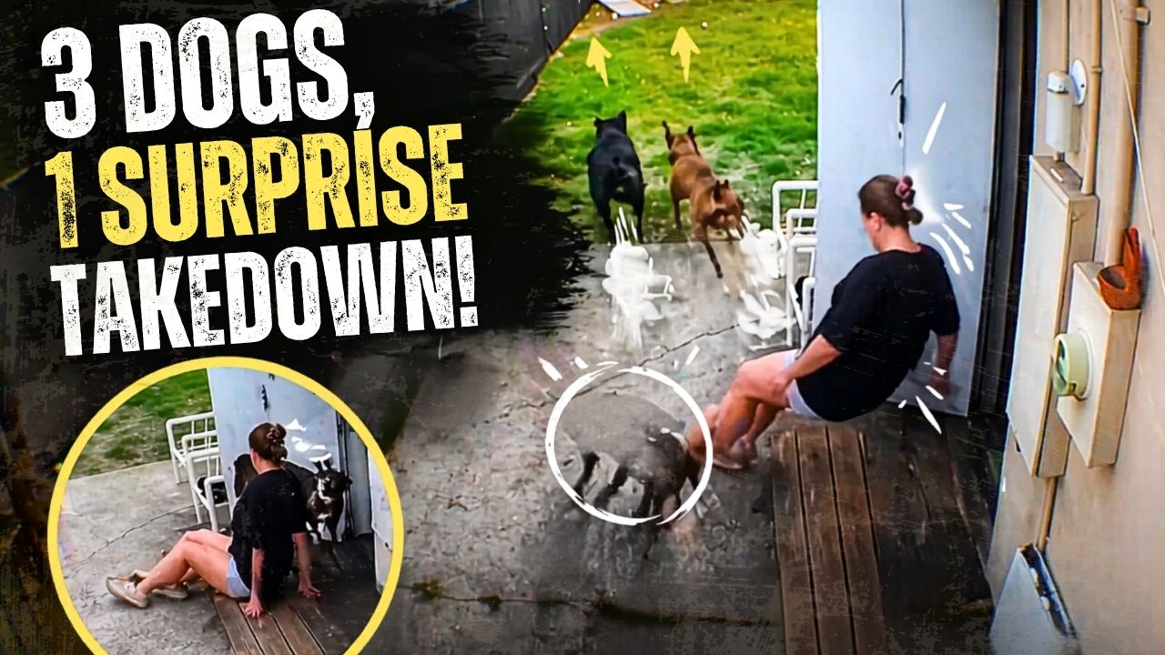 Girl falls at the door when three dogs rush past