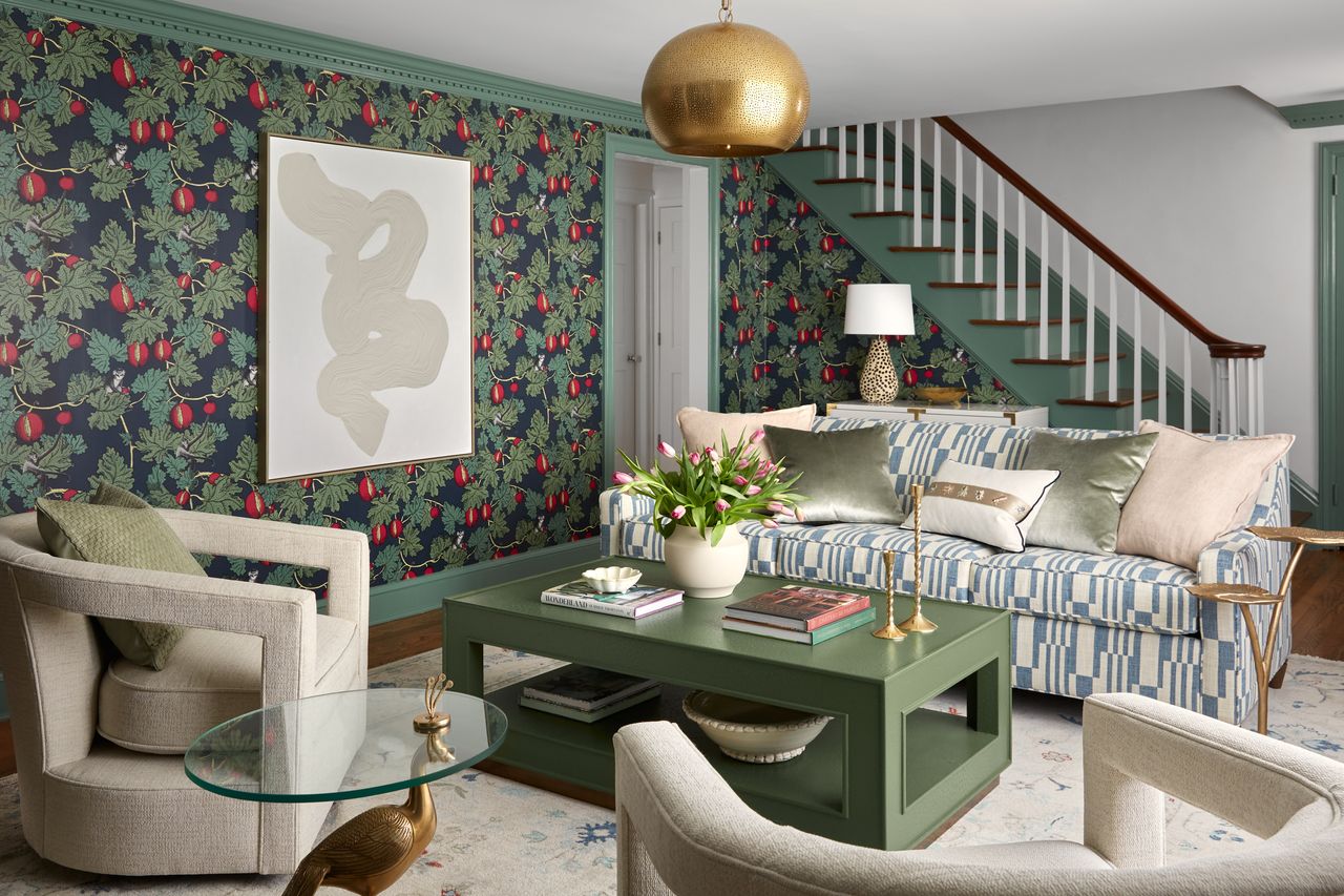 striped sofa in living room