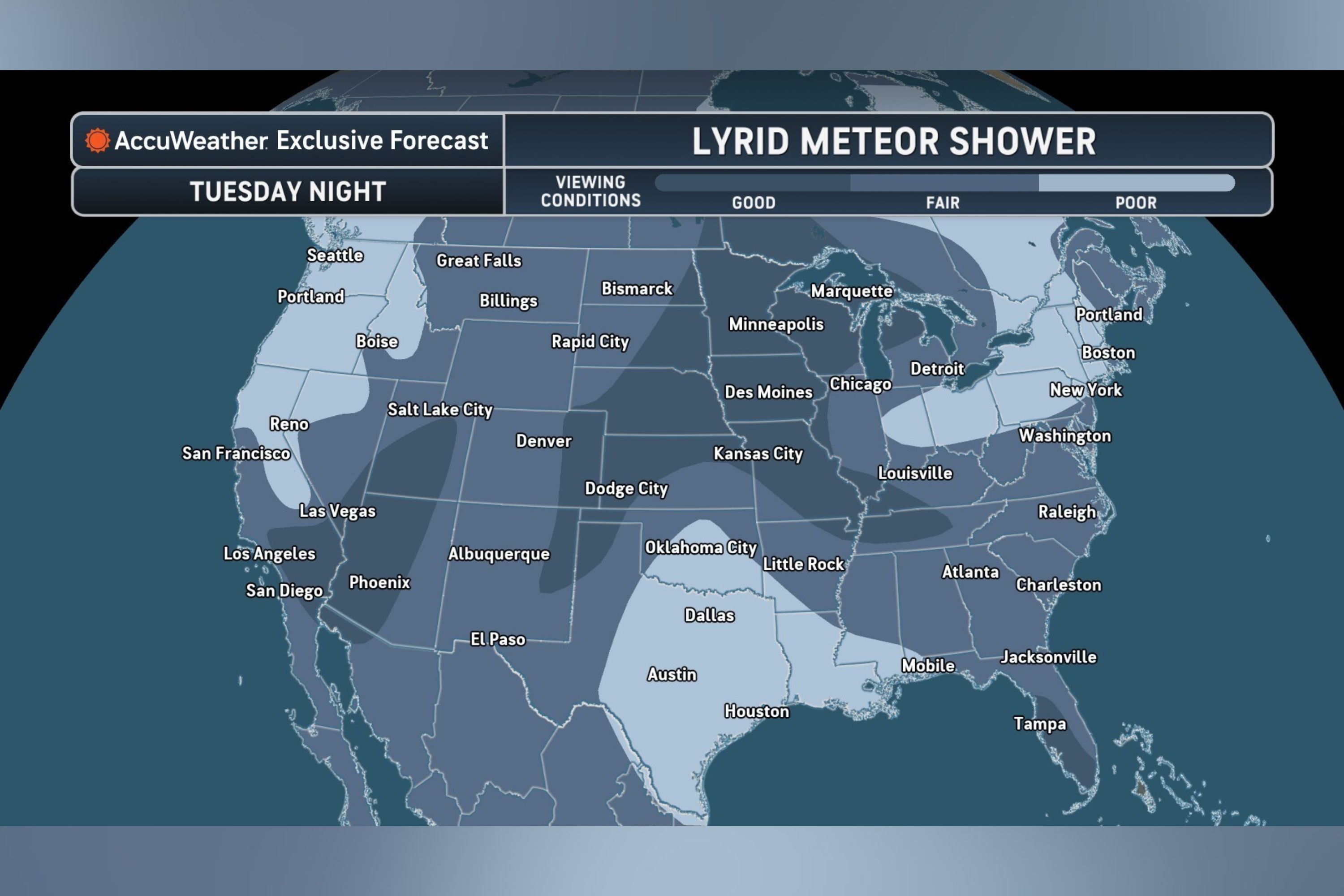 Map shows Lyrid meteor shower viewing conditions across US