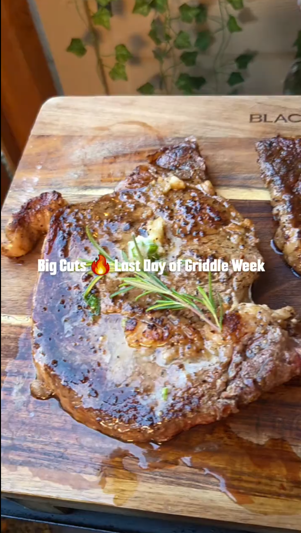 Griddle week finale thick cut ribeye steak cooked low and slow