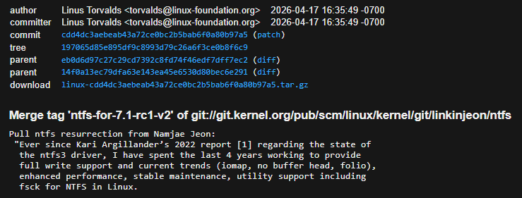 Linux 7.1 update includes new in-kernel NTFS driver