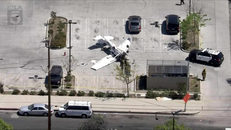 Sky5 was over a small plane crash in Pacoima, Calif. on Monday, April 20, 2026. (KTLA)