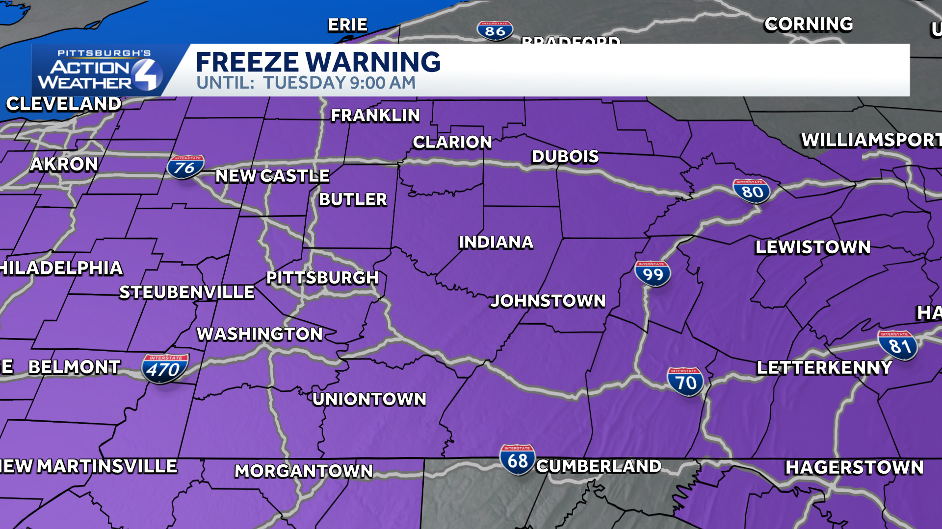 Freeze warning issued for western Pennsylvania