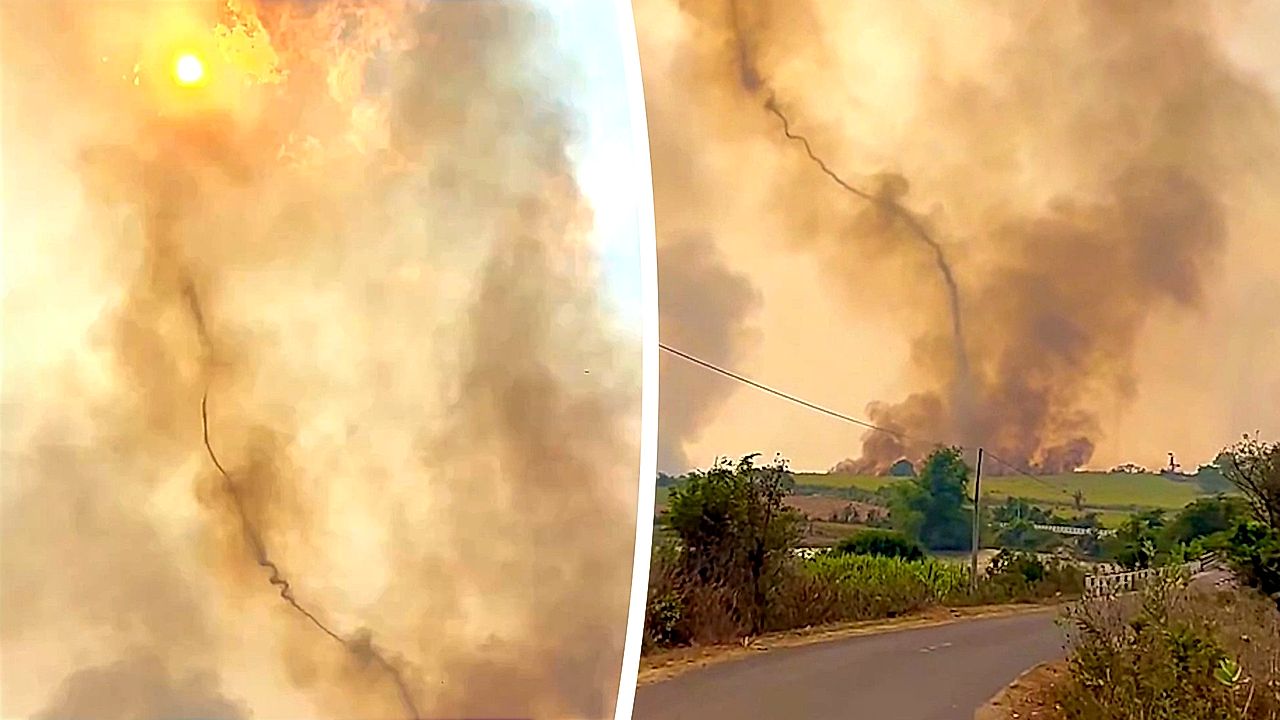 Rare firenado rises from hillside blaze in Vietnam
