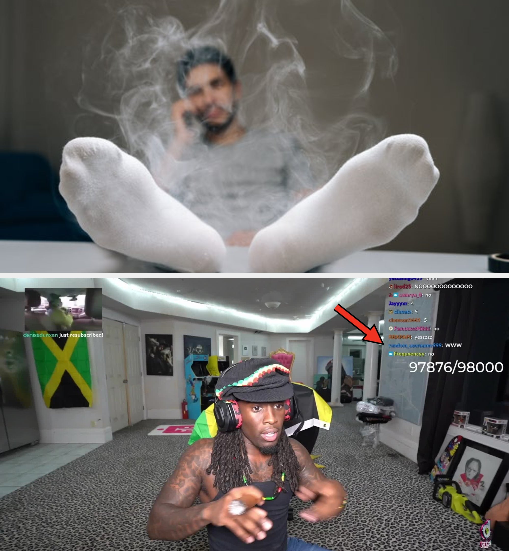Person streaming in a room with Jamaican flag art, wearing a hat with long dreadlocks, focused on the screen. Viewer count shown on screen