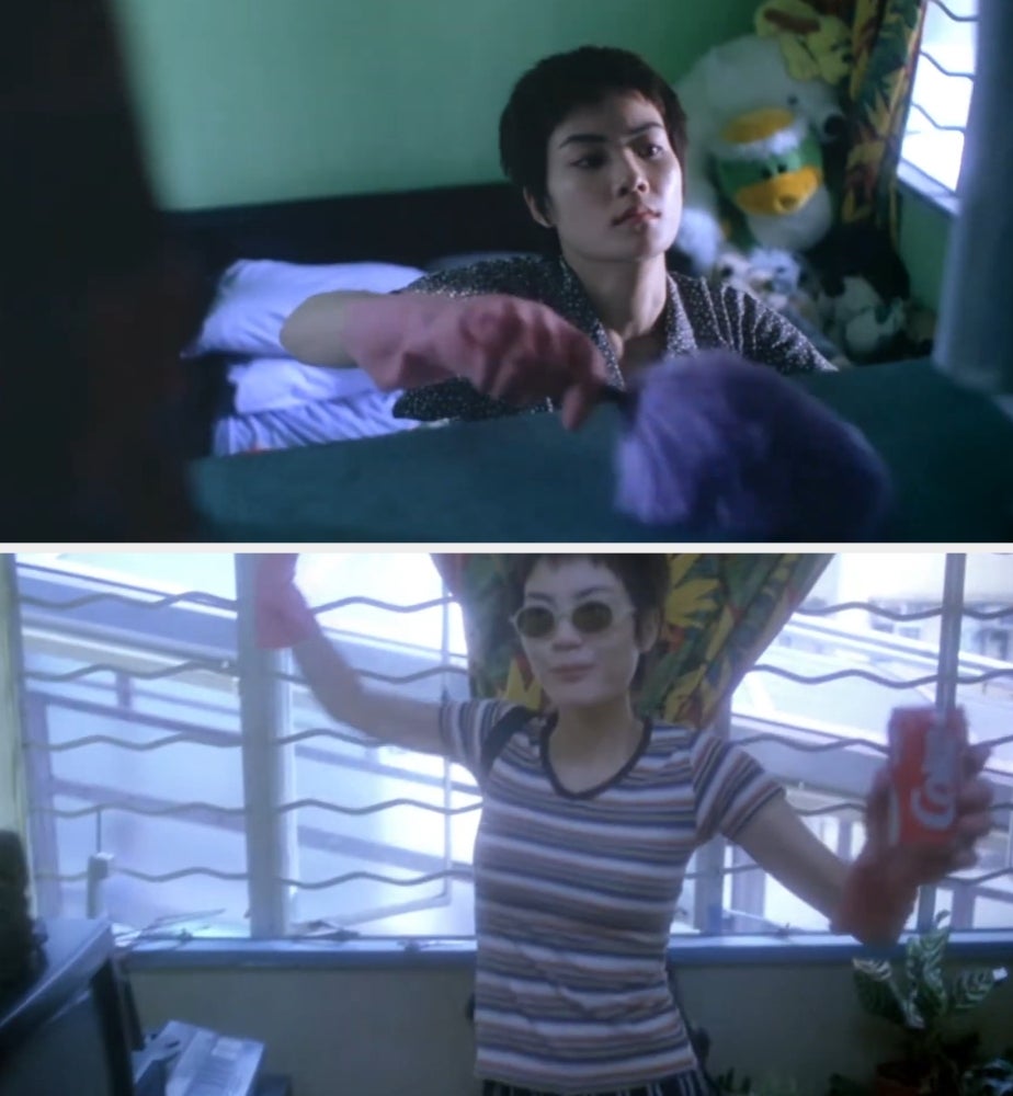 Two scenes of a person cleaning a room, wearing a striped shirt and sunglasses