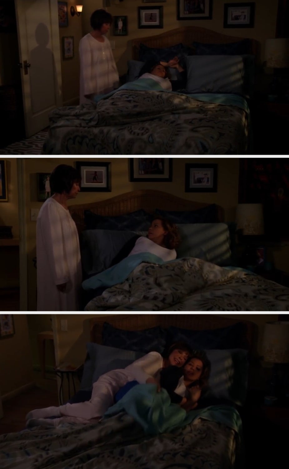 Three images show a person in white pajamas approaching and comforting another person resting in bed in a cozy, low-lit room