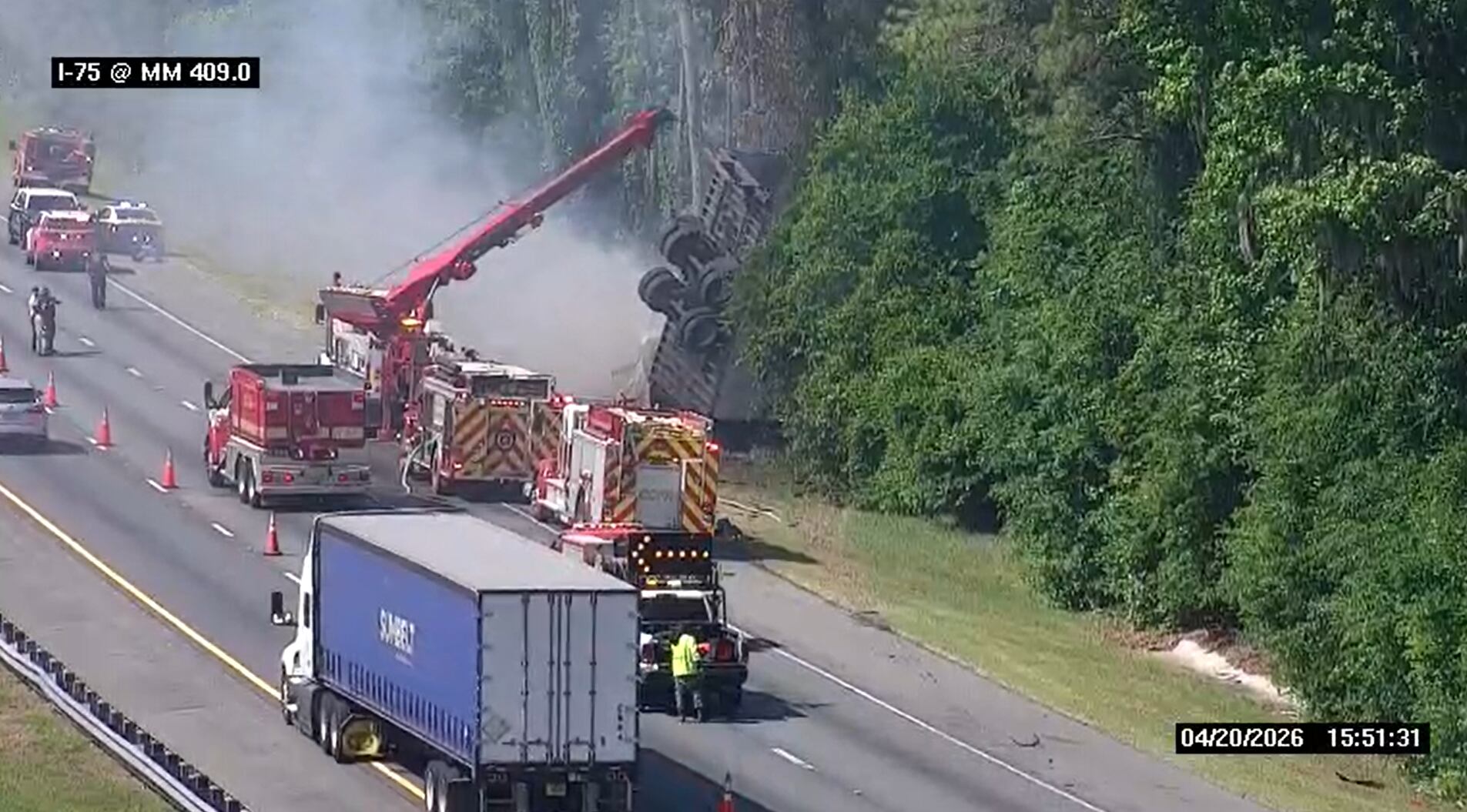 Semi-truck fire blocks lanes on I-75 in Columbia County