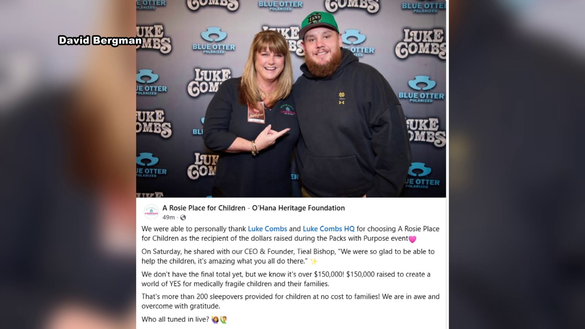Luke Combs donates more than $150,000 to A Rosie Place for Children
