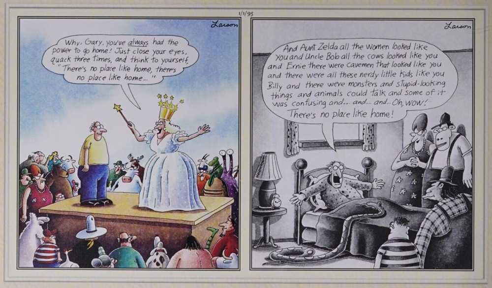 Two panels: One showing Oz-like sending home scenario, the other a parody of the finale to The Wizard of Oz.