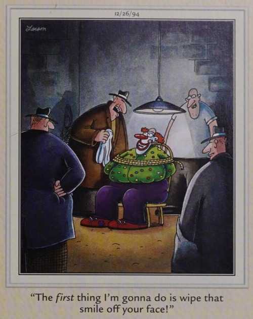 Four men have a clown tied up, threatening to wipe the smile off of his face.