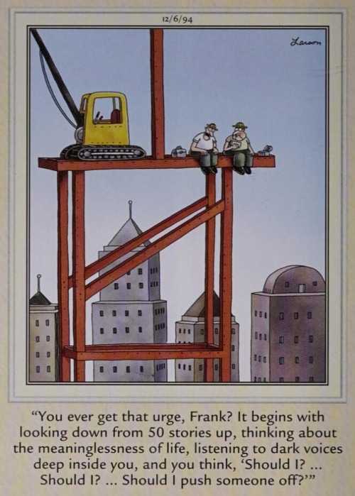 Two men sit on a high rise having lunch.