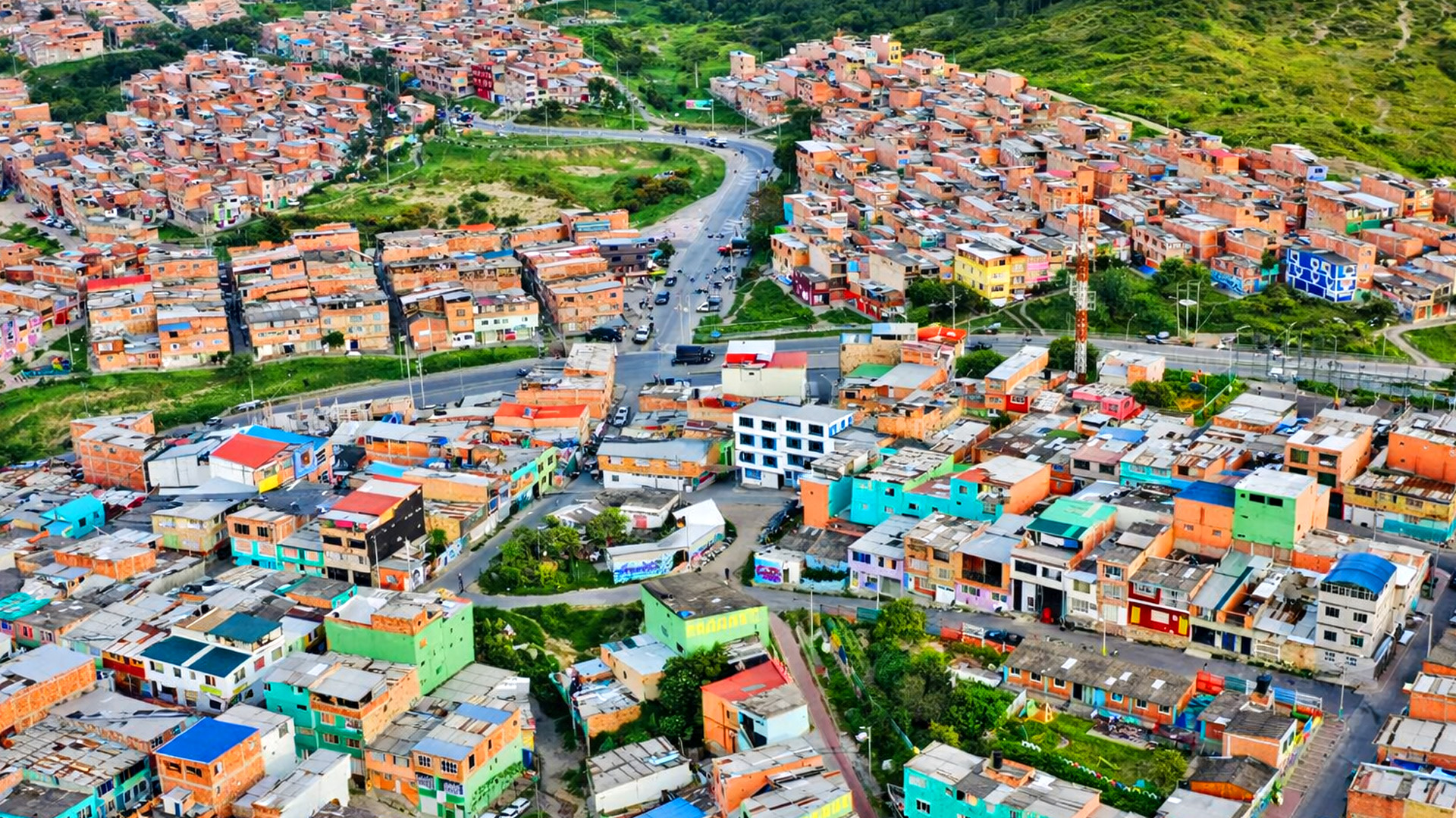 Rows of colorful houses covering an entire neighborhood