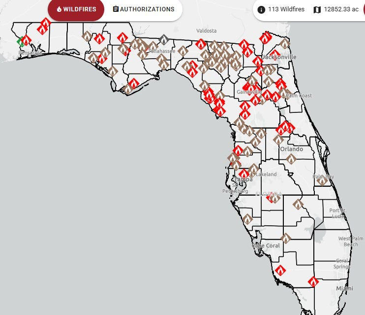 Number of wildfires increasing in Florida. See locations, road closures