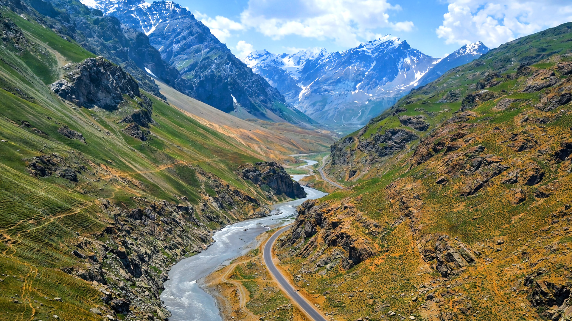 A deep mountain river cutting through Tibet’s rugged landscape