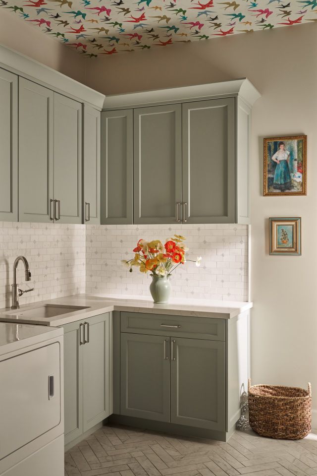 patterned wallpaper on kitchen ceiling