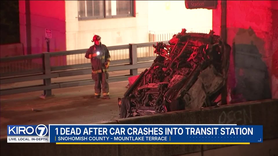 Video: One dead after car crashes into transit station