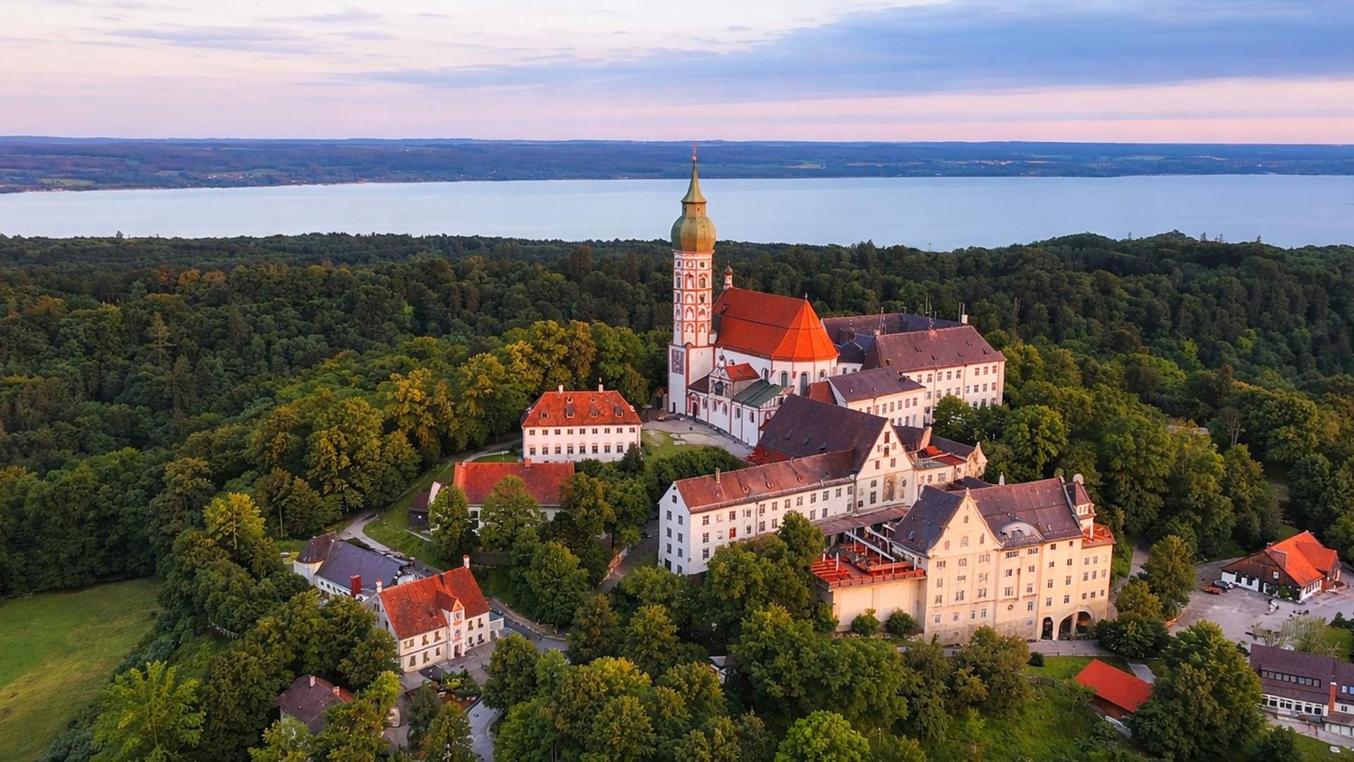 A historic church surrounded by nature