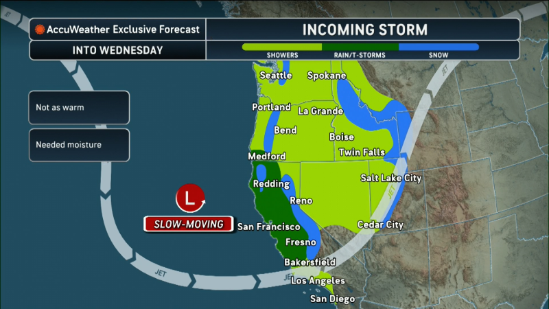 Rain and mountain snow moving inland across the West Coast