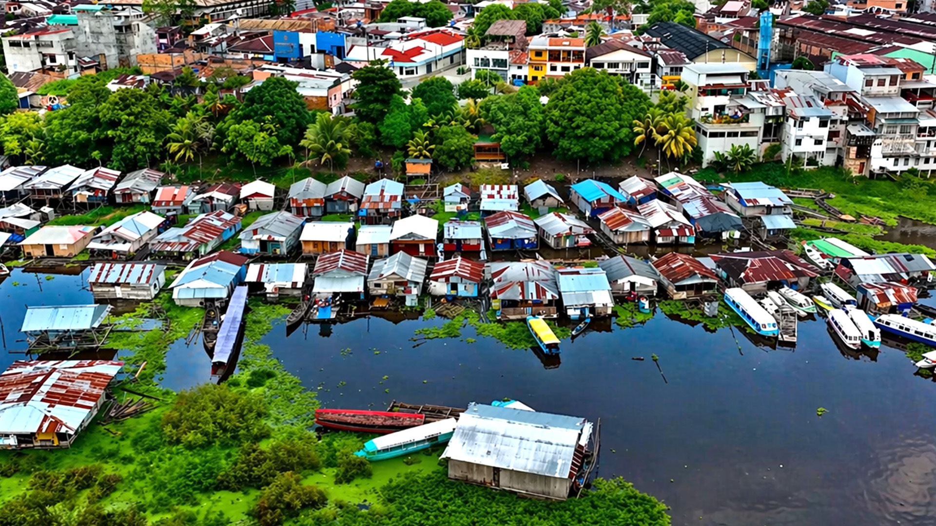 A village built entirely on water in the Amazon