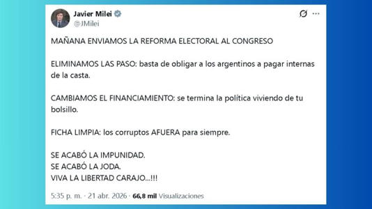 El presidente Javier Milei anunció una reforma electoral: busca eliminar las PASO e incorporar Ficha Limpia | X @JMilei|El presidente Javier Milei anunció una reforma electoral: busca eliminar las PASO e incorporar Ficha Limpia | X @JMilei