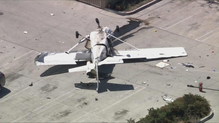 Sky5 was over a small plane crash in Pacoima, Calif. on Monday, April 20, 2026. (KTLA)