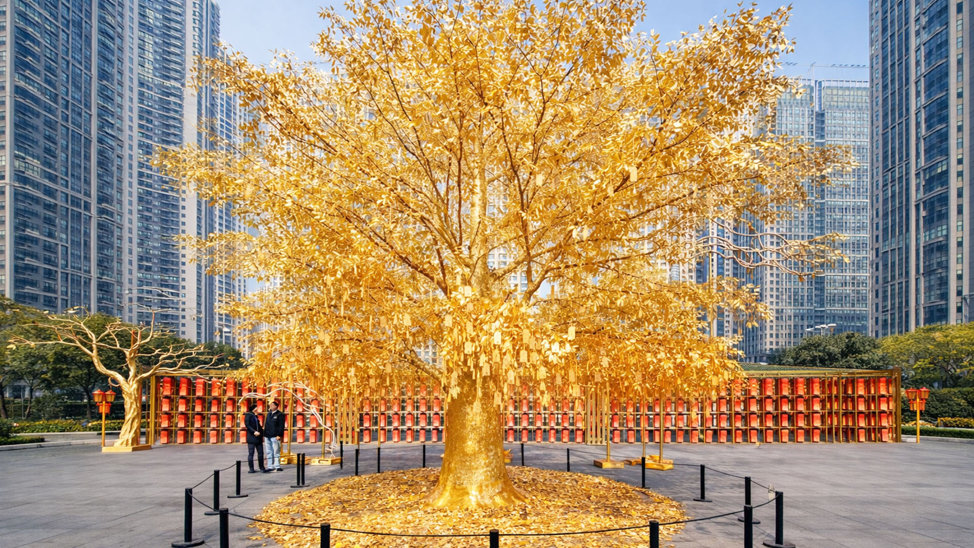 黄色の装飾的な木のオブジェ 中国の見事な金の木の展示がアート、文化、テクノロジーを融合 | Watch