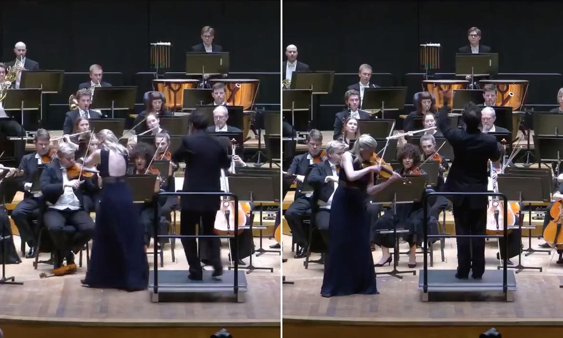 Moment conductor hits violin worth millions to the floor mid-concert