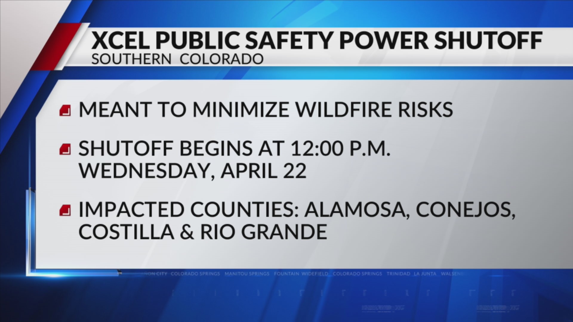 Xcel to shut off power to San Luis Valley Wednesday to reduce fire risk
