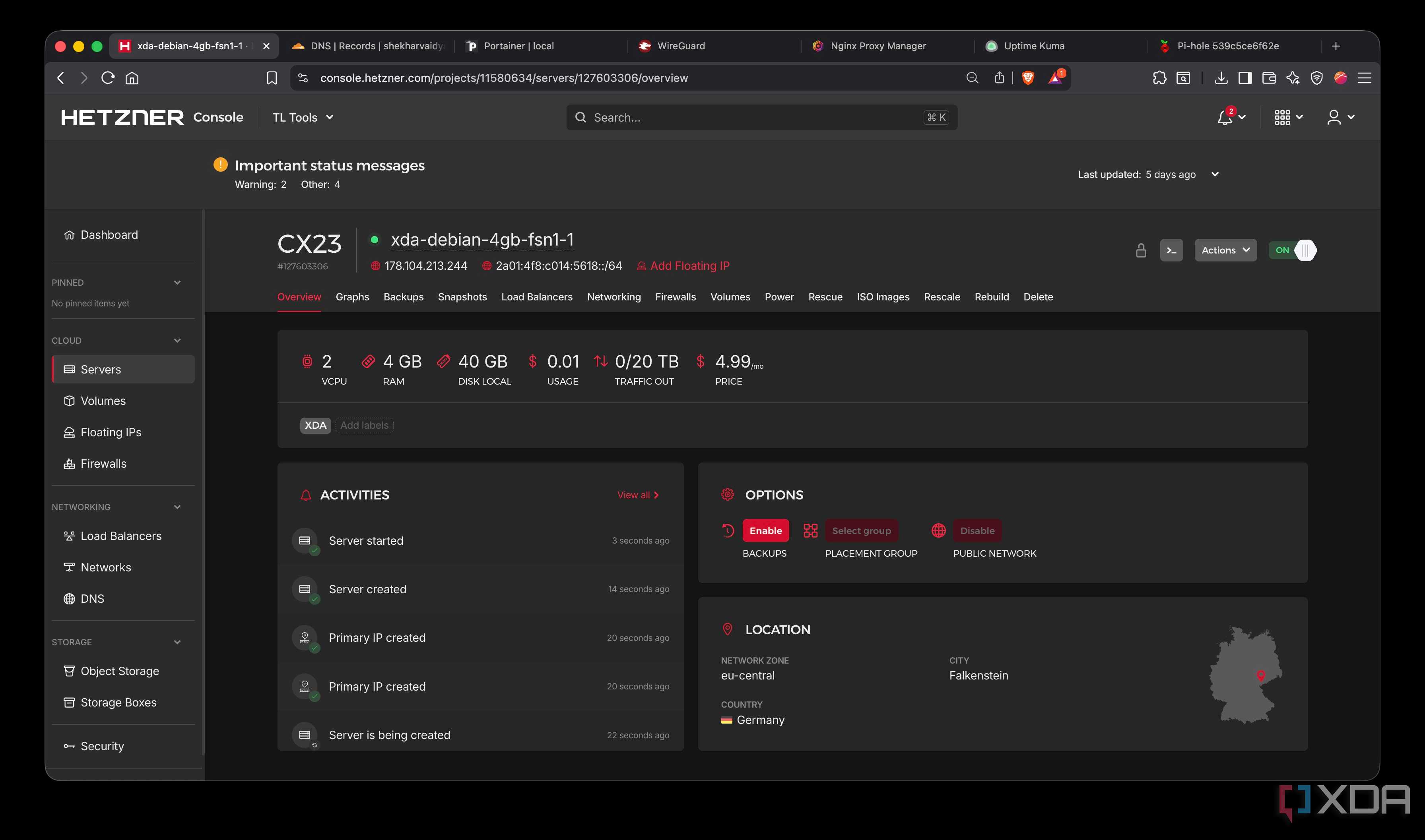 Hetzner CX23 VPS server dashboard